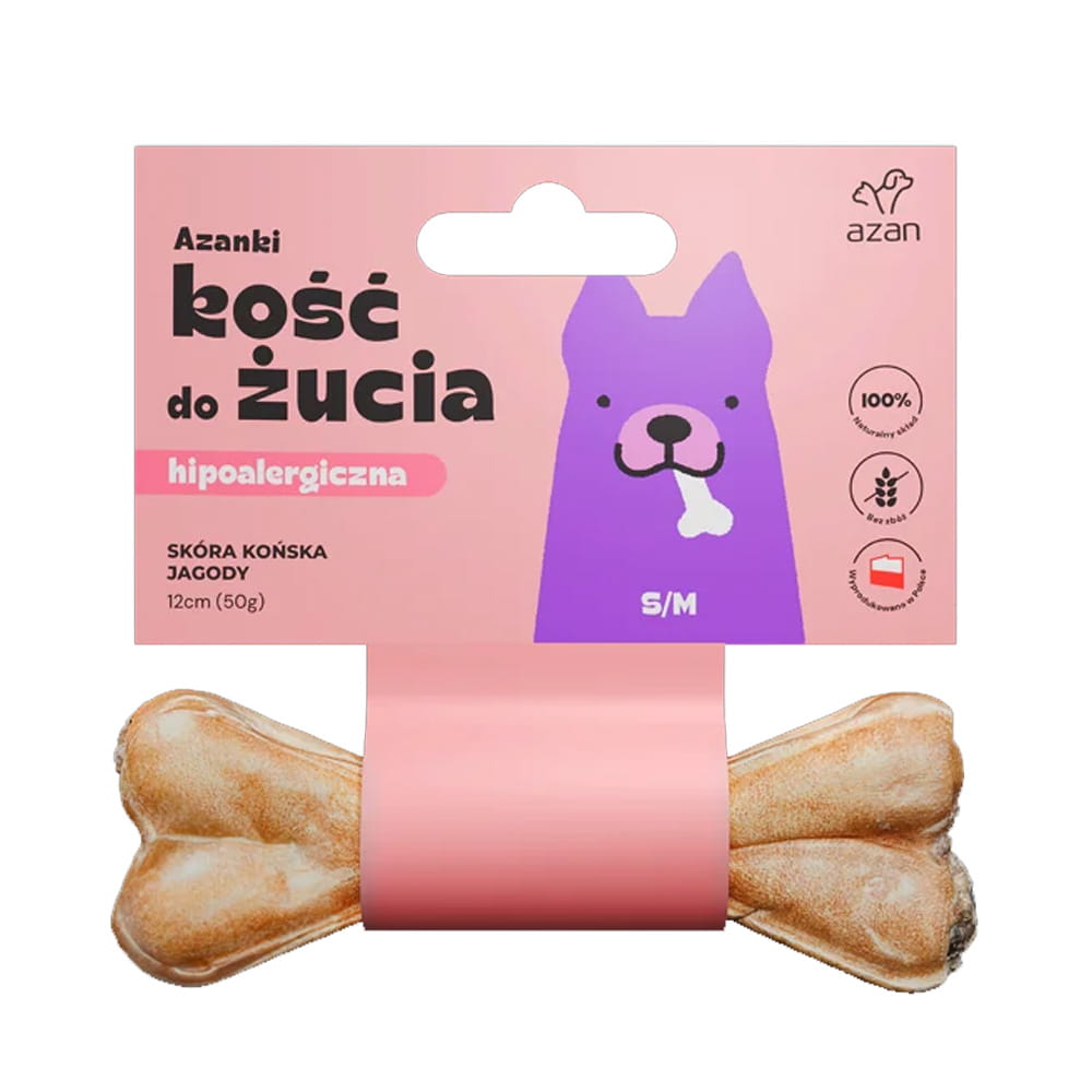 AZANKI Kość do żucia S/M ze skóry końskiej z jagodami 12cmAZANKI Kość do żucia S/M ze skóry końskiej z jagodami 12cm 3 szt